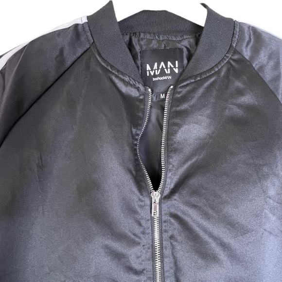 BoohooMan Black Satin Bomber Jacket with Side Stripes - Picture 8 of 10